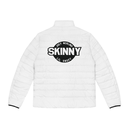 Men's White Puffer Jacket with Red Script Sleeve — Lightweight Quilted Coat