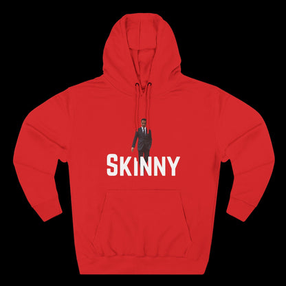 Red hoodie with a graphic of a person in a suit and the word 'SKINNY' on a black background