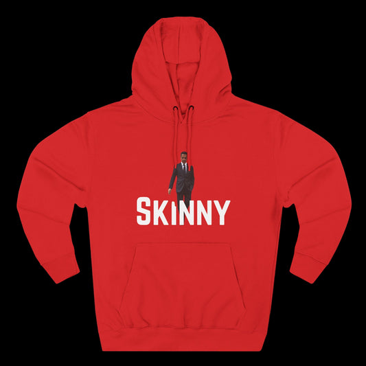 Red hoodie with a graphic of a person in a suit and the word 'SKINNY' on a black background