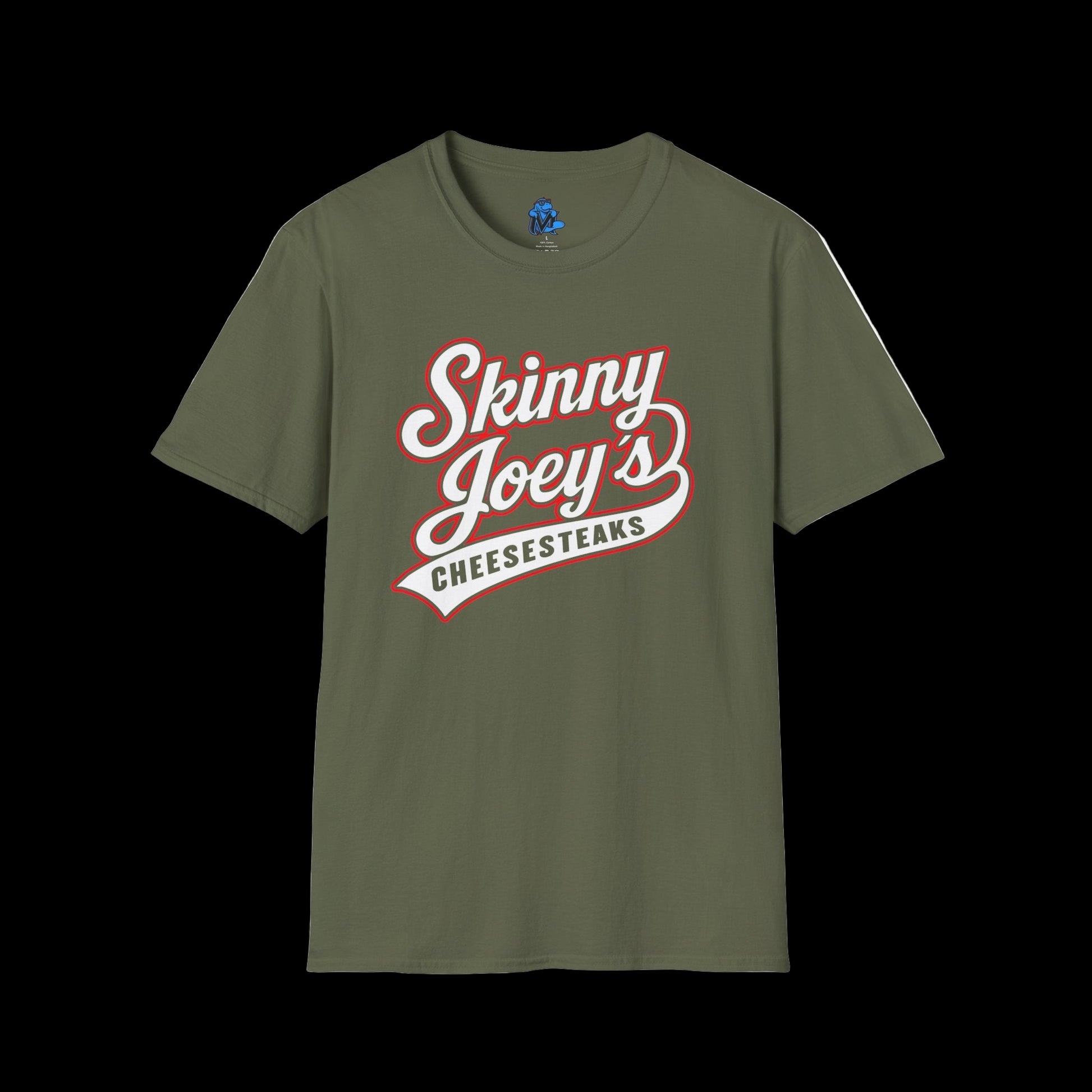 Green t-shirt with 'Skinny Joey's Cheesesteaks' text on a white background
