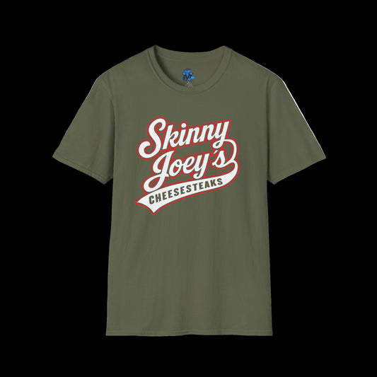 Green t-shirt with 'Skinny Joey's Cheesesteaks' text on a white background
