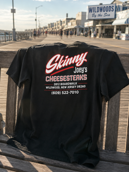 Skinny Joeys Cheesesteaks Official Wildwood T-Shirt - front view - Skinny Joey's Cheesesteaks
