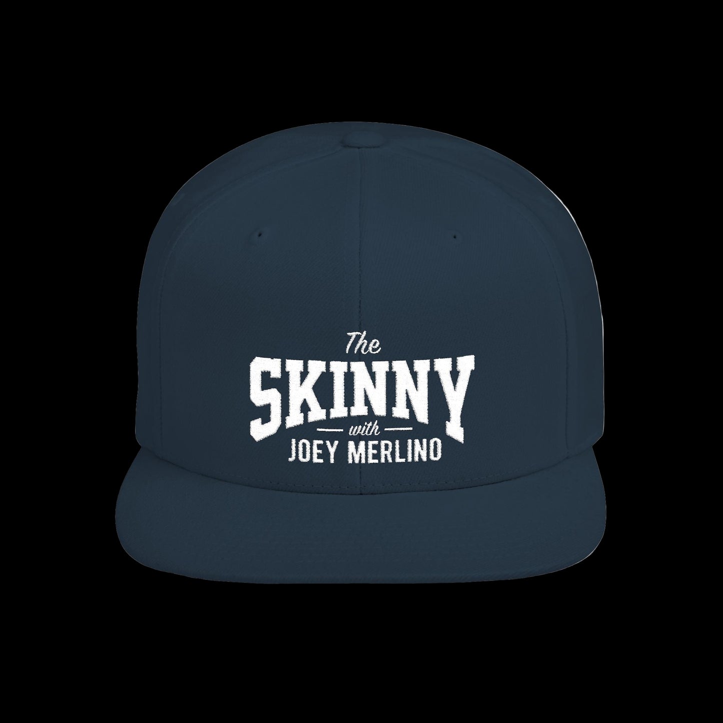 Navy blue cap with 'The Skinny with Joey Merlino' text on a white background