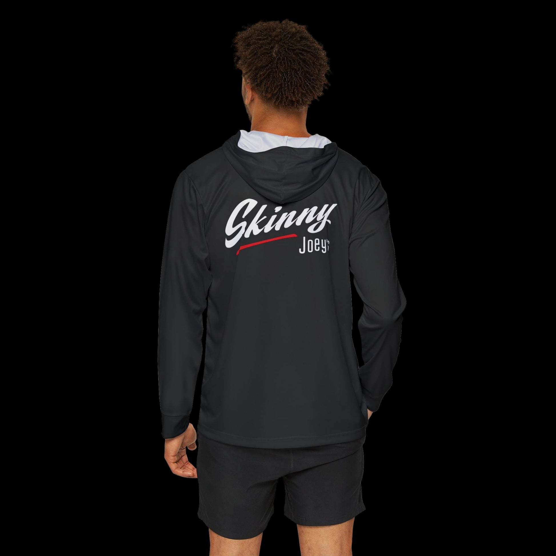 Person wearing a black hoodie with 'Skinny Joey' logo on the back, standing against a white background