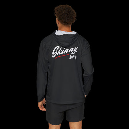 Person wearing a black hoodie with 'Skinny Joey' logo on the back, standing against a white background