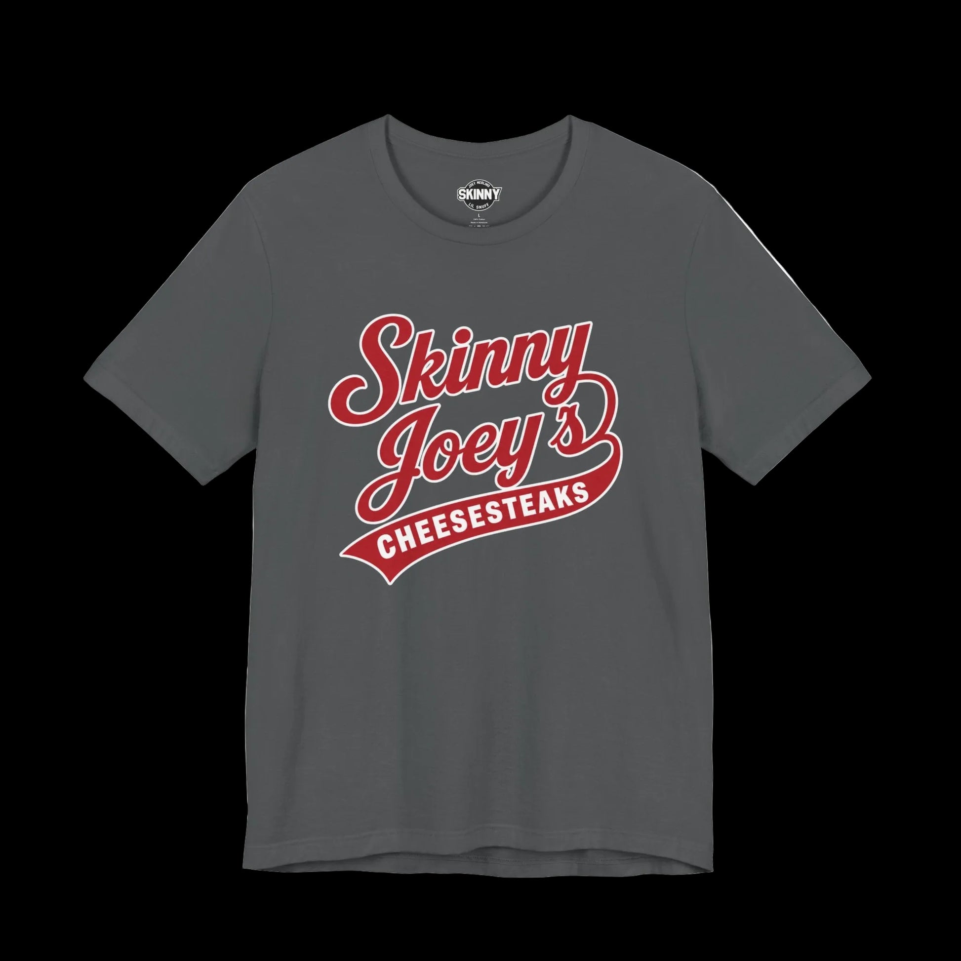 Gray t-shirt with 'Skinny Joey's Cheesesteaks' text in red on a white background