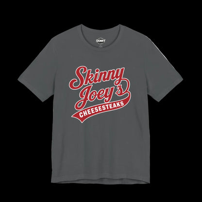Gray t-shirt with 'Skinny Joey's Cheesesteaks' text in red on a white background