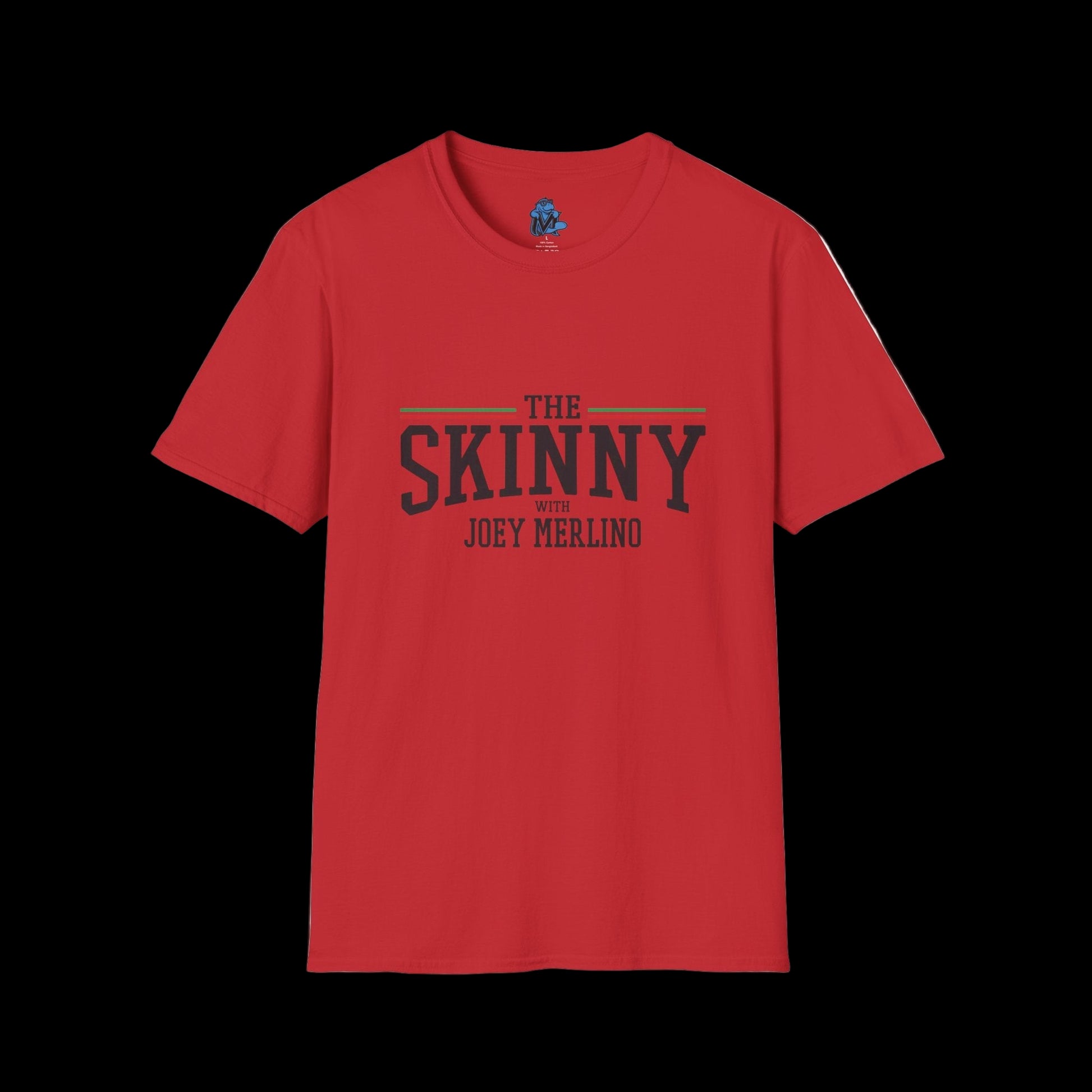 Red t-shirt with 'The Skinny' text on a black background