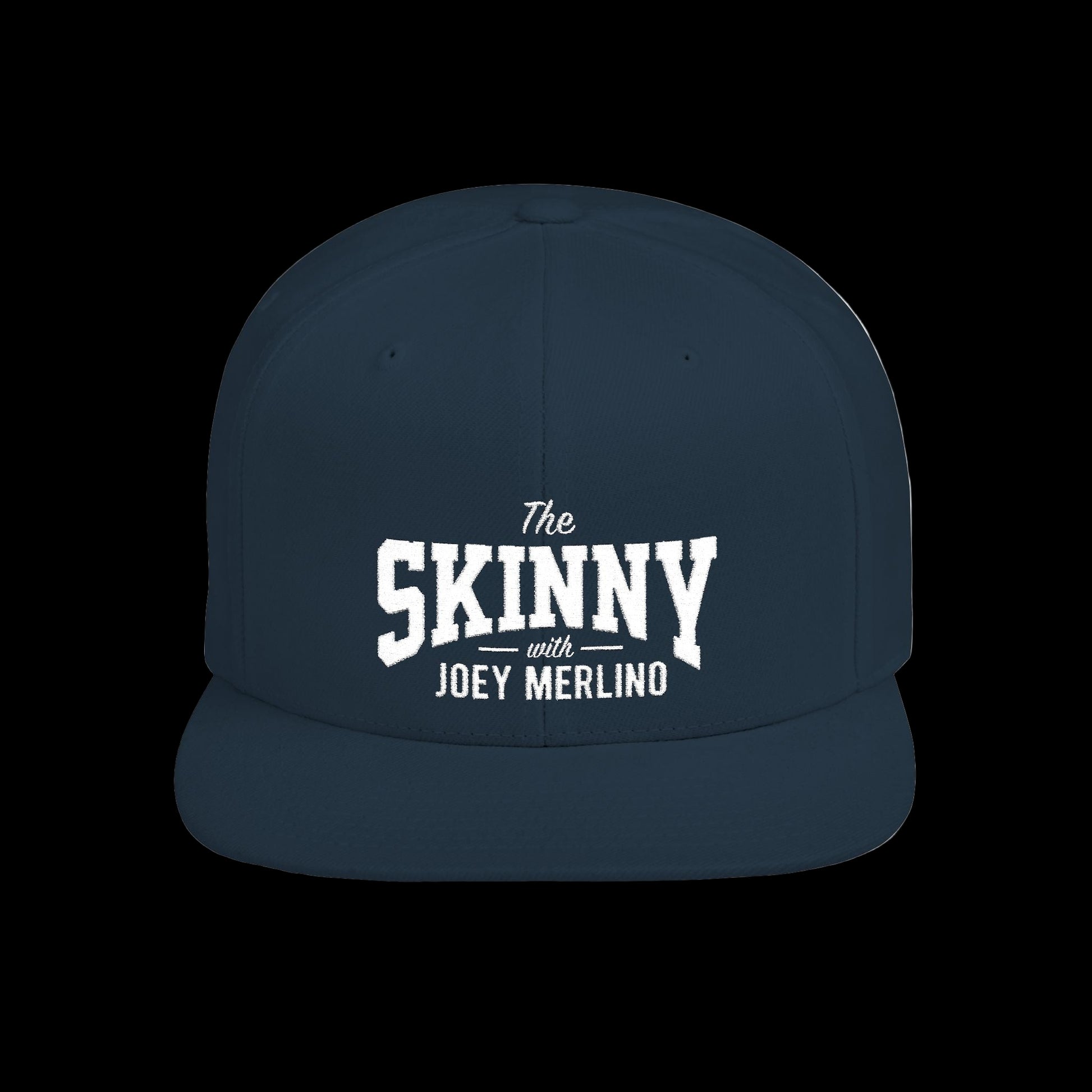 Navy blue cap with 'The Skinny with Joey Merlino' text on a white background