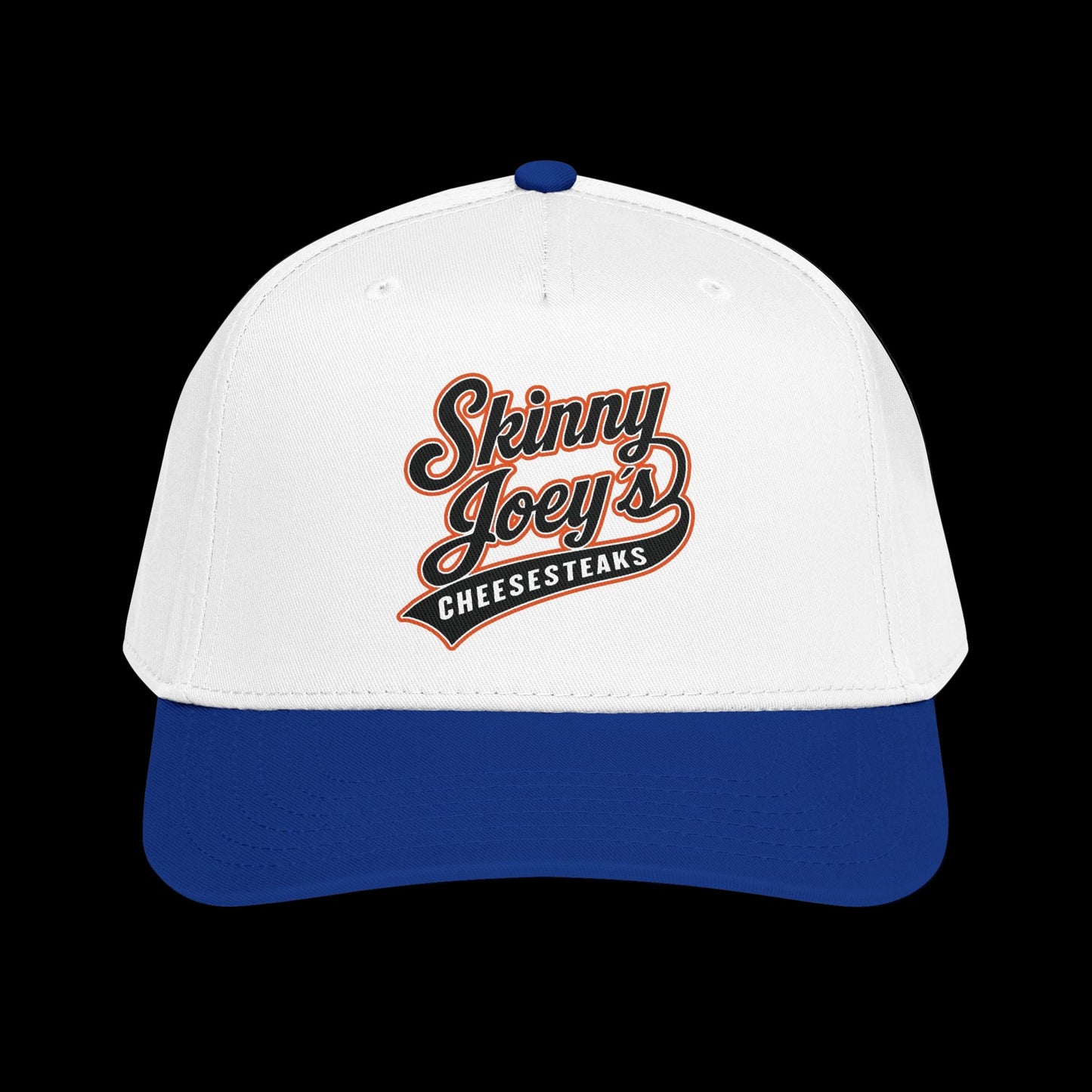 White cap with blue brim featuring 'Skinny Joey's Cheesesteaks' text on a white background