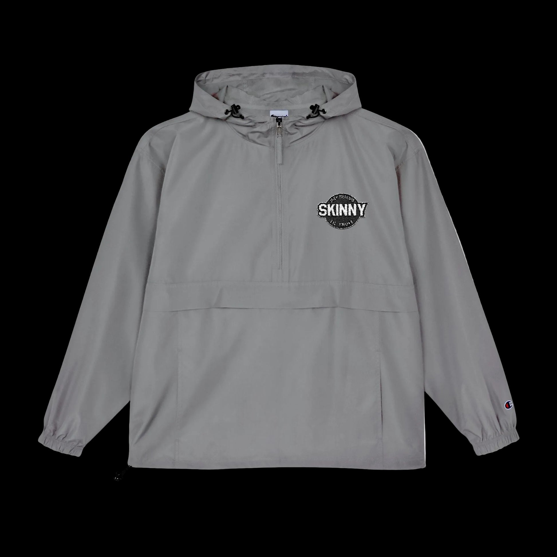 Gray hooded jacket with 'Elevated Living' text on a white background