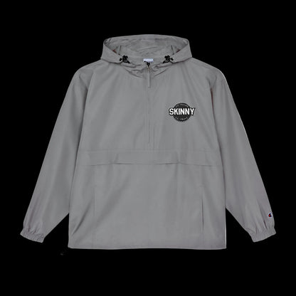 Gray hooded jacket with 'Elevated Living' text on a white background