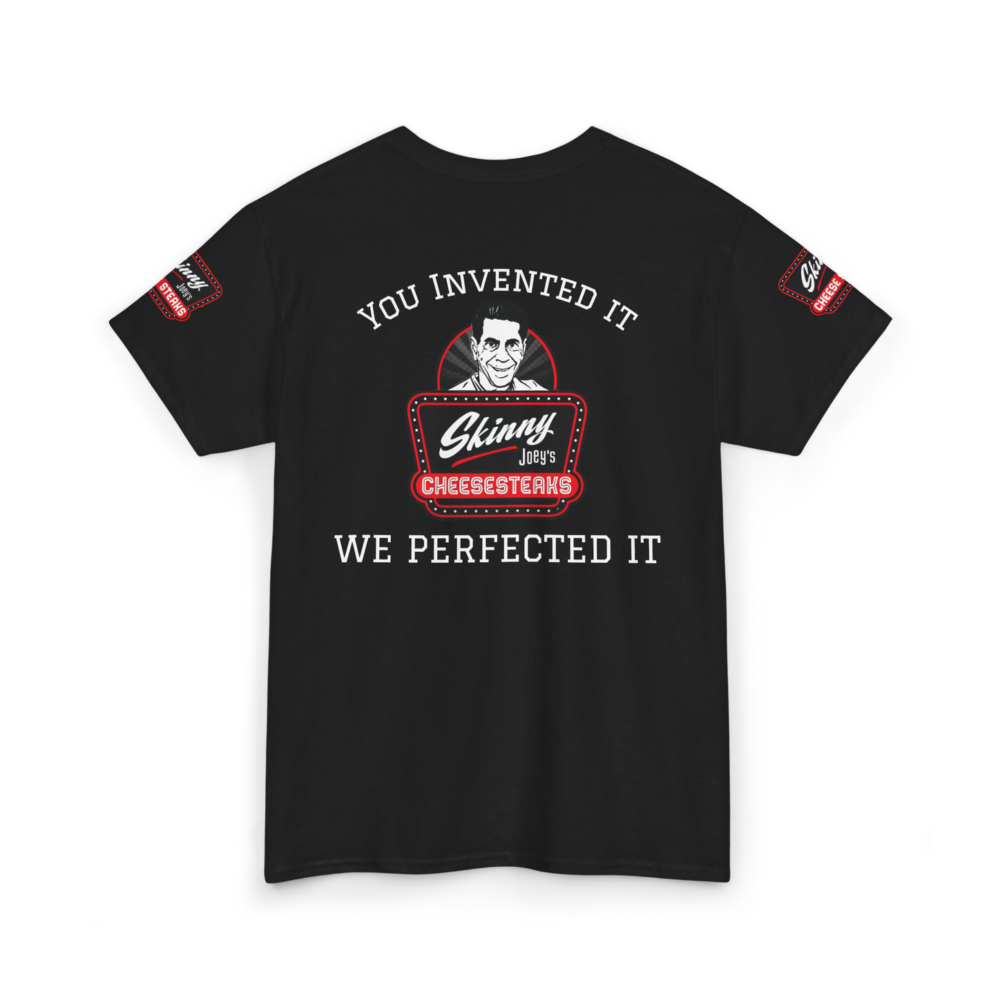 Black t-shirt with graphic design and text on a white background