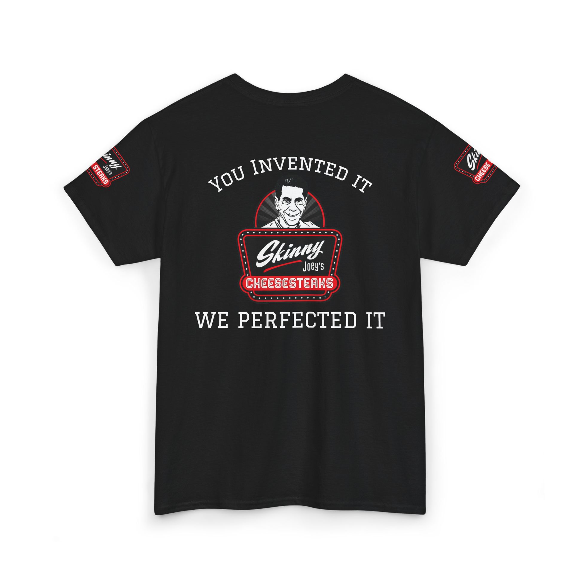 Black t-shirt with graphic design and text on a white background