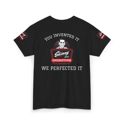 Black t-shirt with graphic design and text on a white background