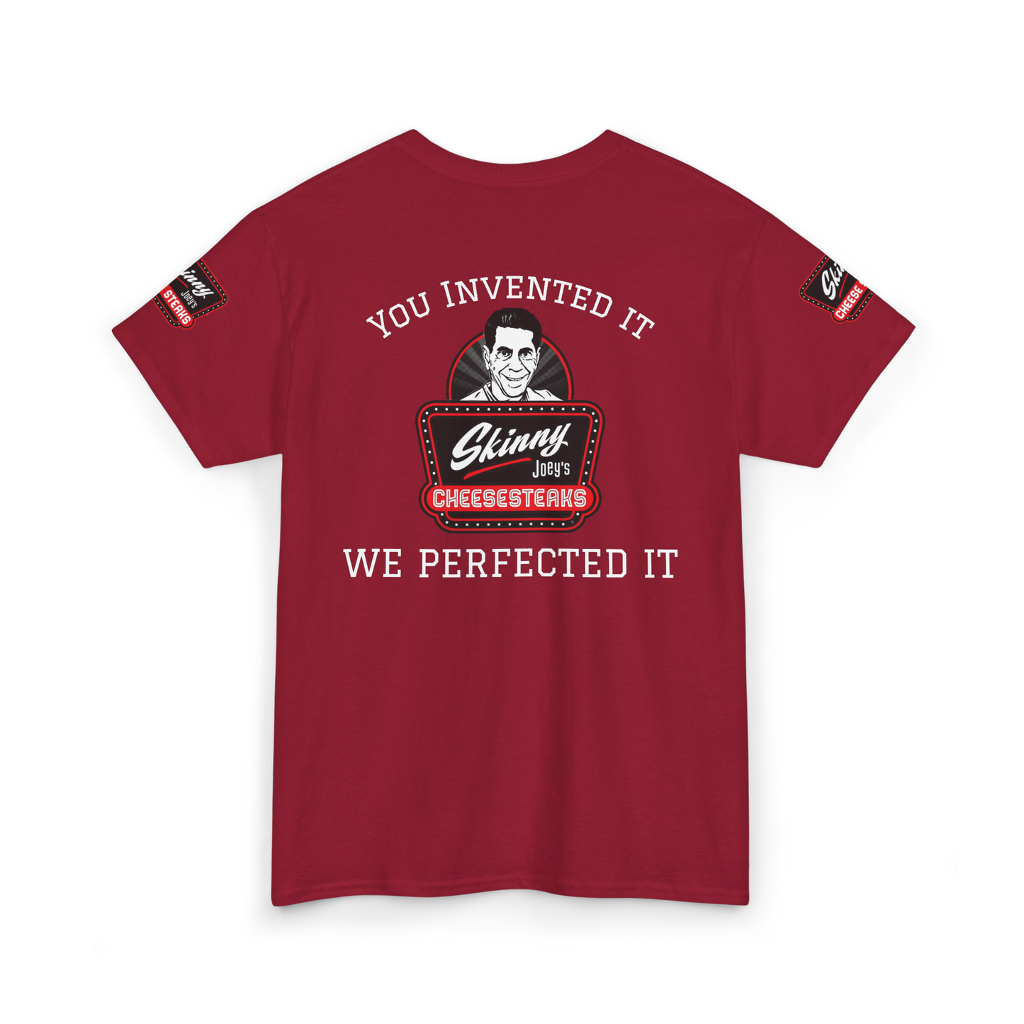 Red t-shirt with graphic design and text on a white background