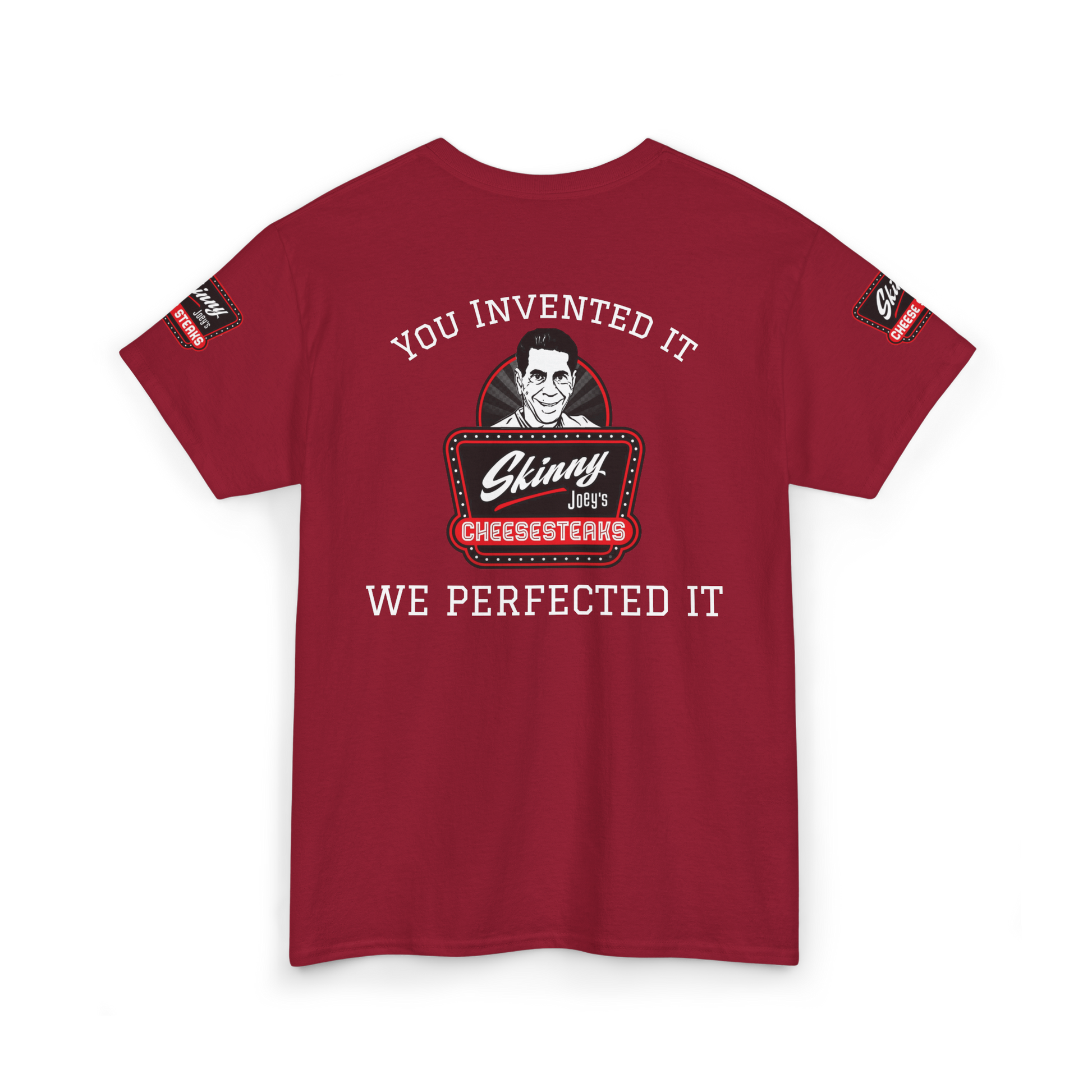 Red t-shirt with graphic design and text on a white background