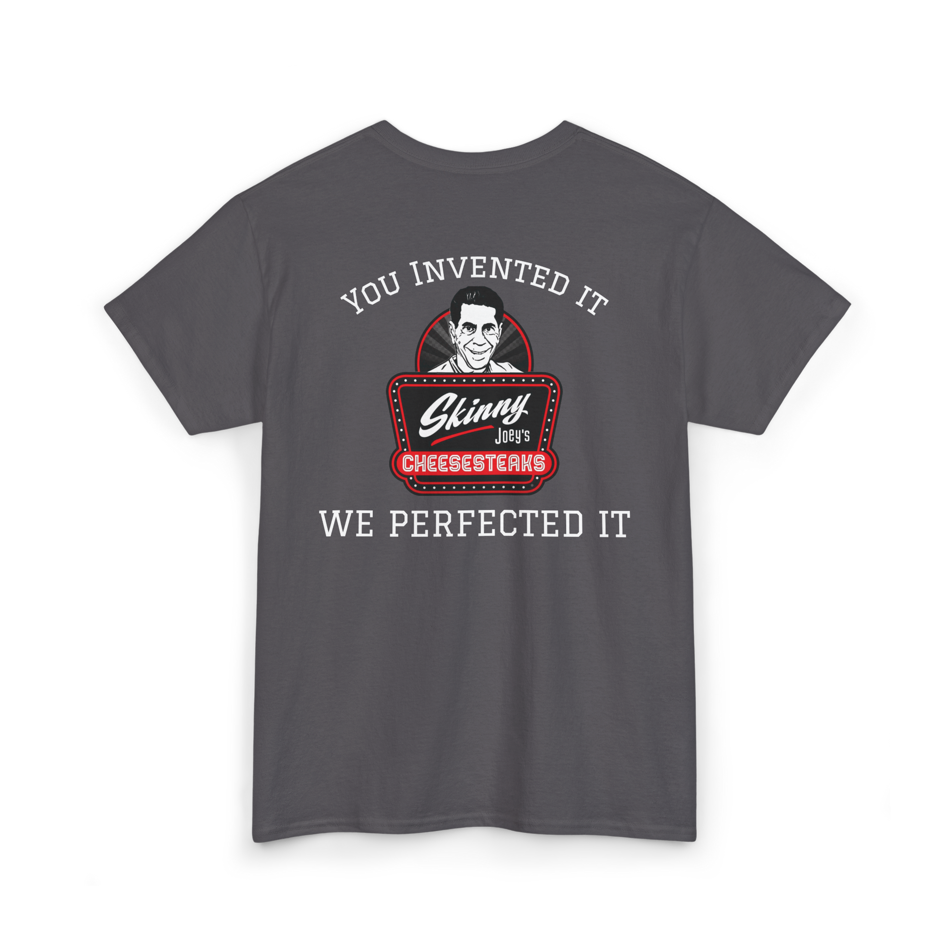 Gray t-shirt with a graphic and text on the back, displayed on a white background