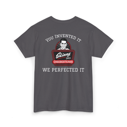 Gray t-shirt with a graphic and text on the back, displayed on a white background