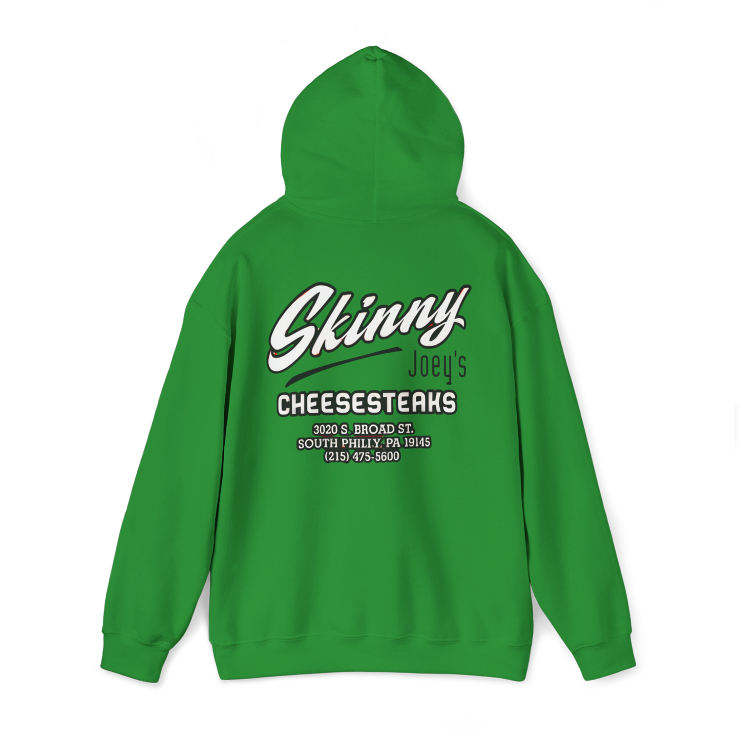 Green hoodie with 'Skinny Joey's Cheesesteaks' text on the back against a white background
