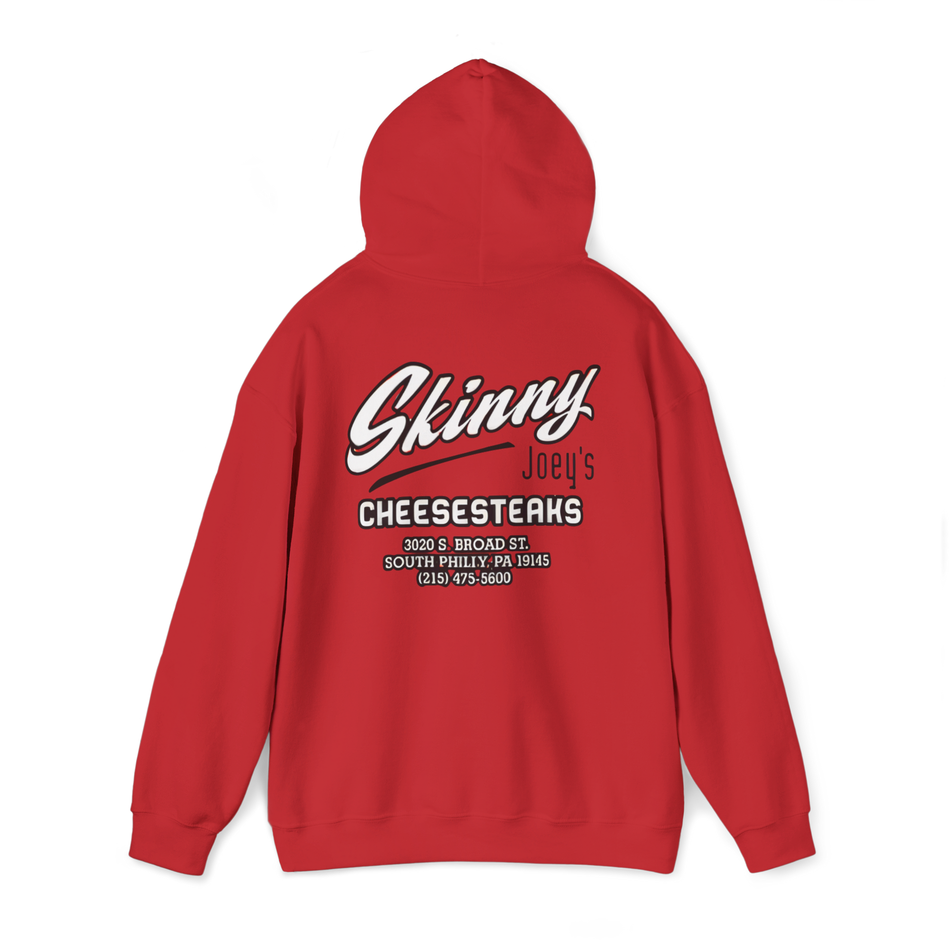 Red hoodie with 'Skinny Joey's Cheesesteaks' text on the back against a white background