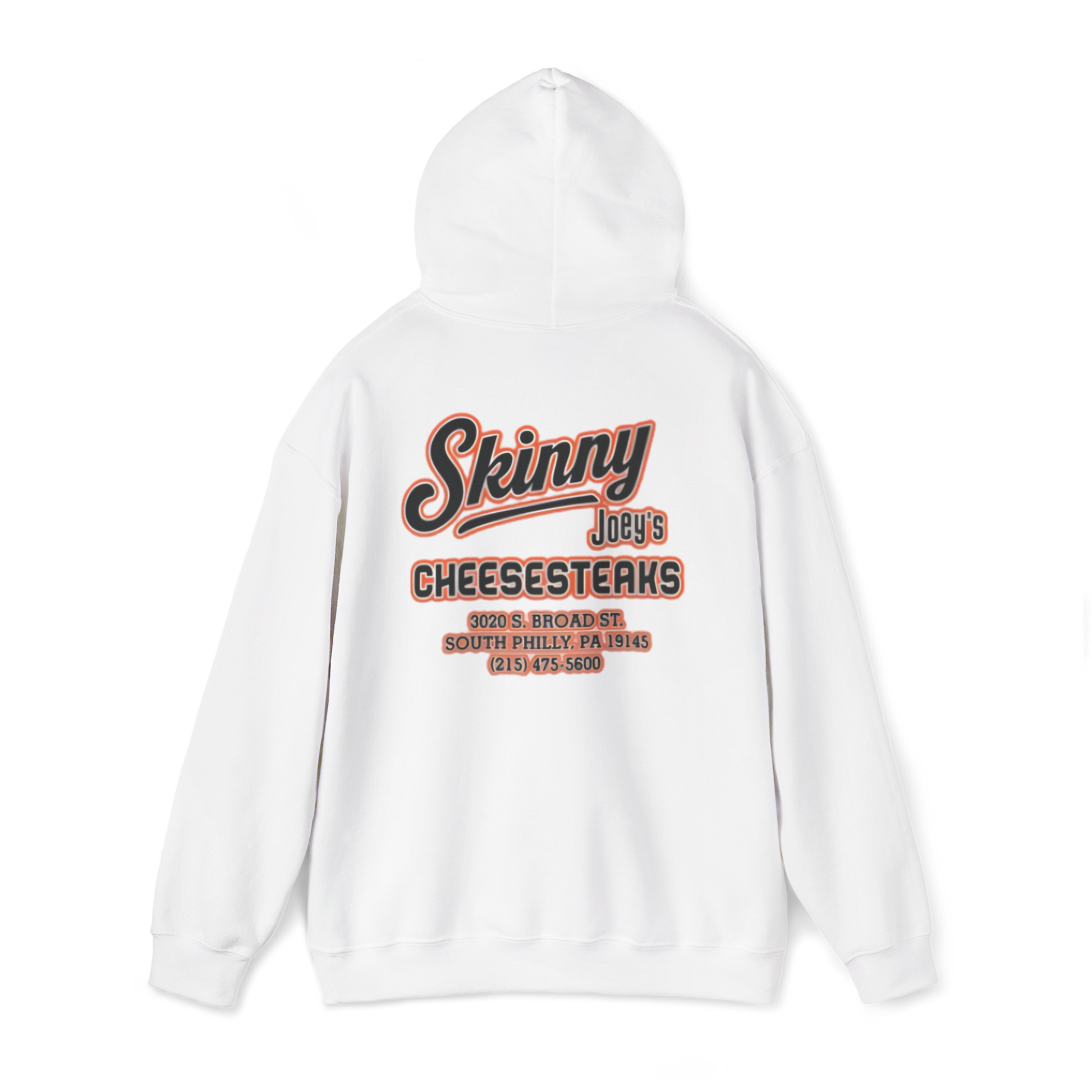 White hoodie with 'Skinny Joey's Cheesesteaks' text on a white background