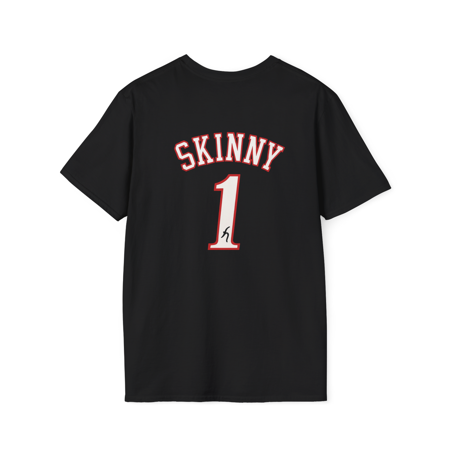 Black t-shirt with 'SKINNY 1' print on a white background