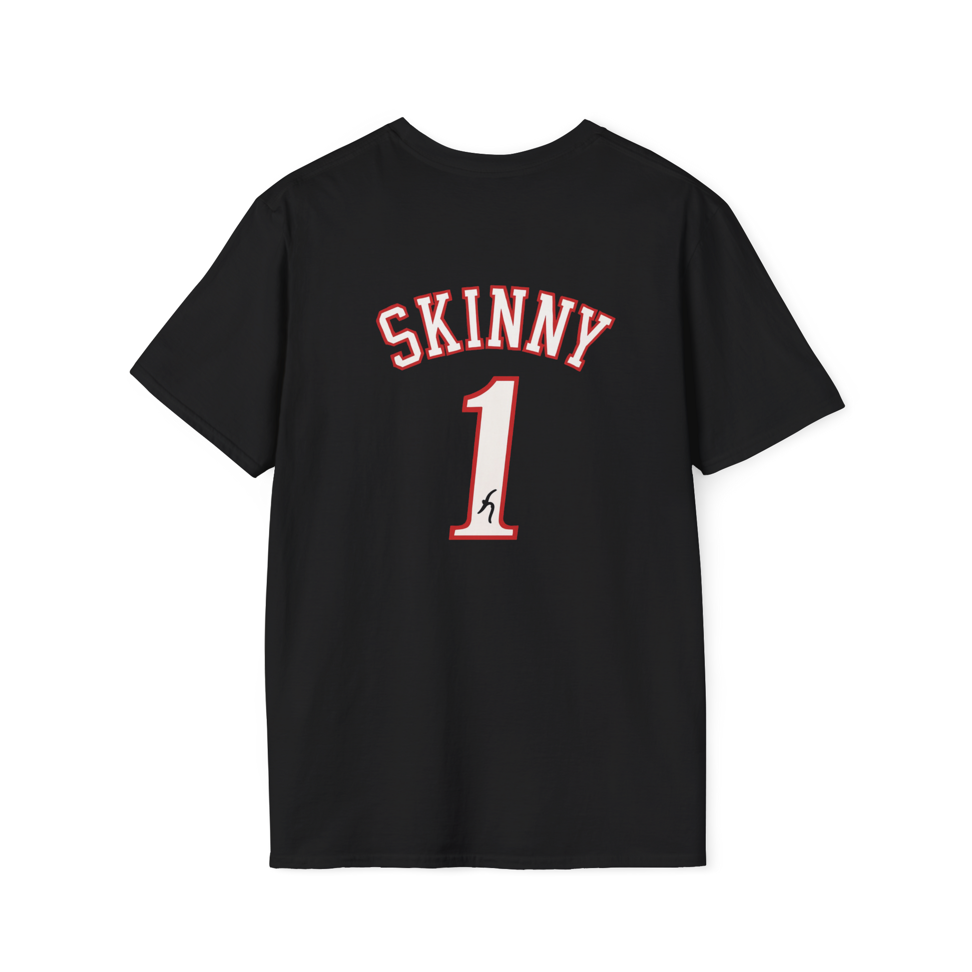 Black t-shirt with 'SKINNY 1' print on a white background