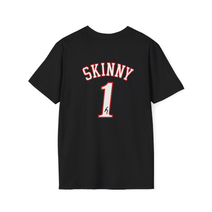 Black t-shirt with 'SKINNY 1' print on a white background
