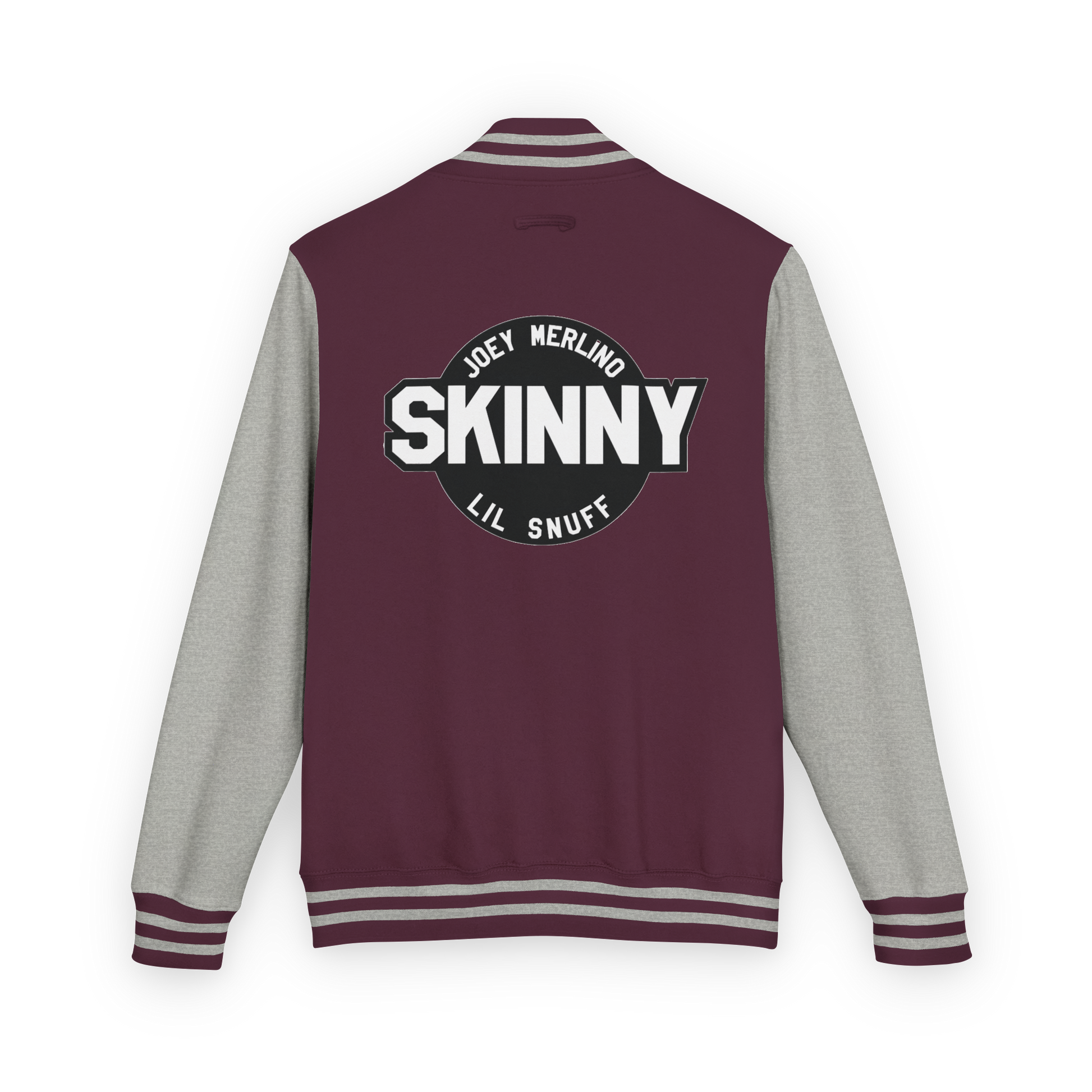Maroon and gray varsity jacket with 'Skinny' and 'Joey Merlino Lil Snuff' text on a white background