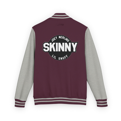Maroon and gray varsity jacket with 'Skinny' and 'Joey Merlino Lil Snuff' text on a white background