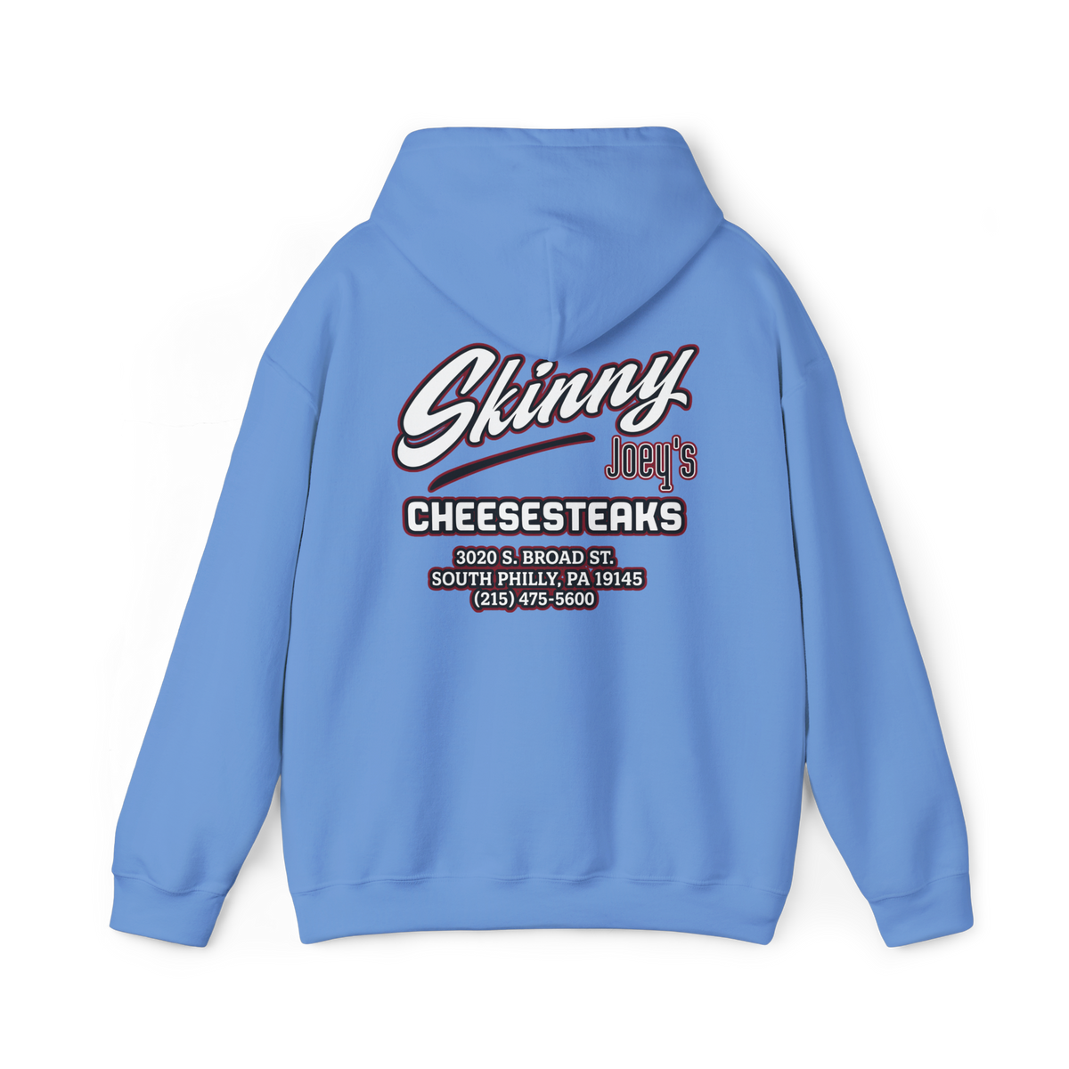 Phillies logo pullover hoodie in carolina blue, back view, The Skinny with Joey Merlino podcast merch