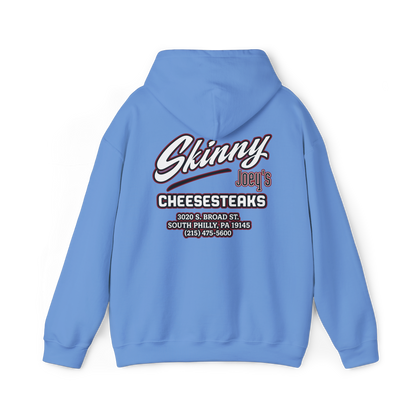 Phillies logo pullover hoodie in carolina blue, back view, The Skinny with Joey Merlino podcast merch