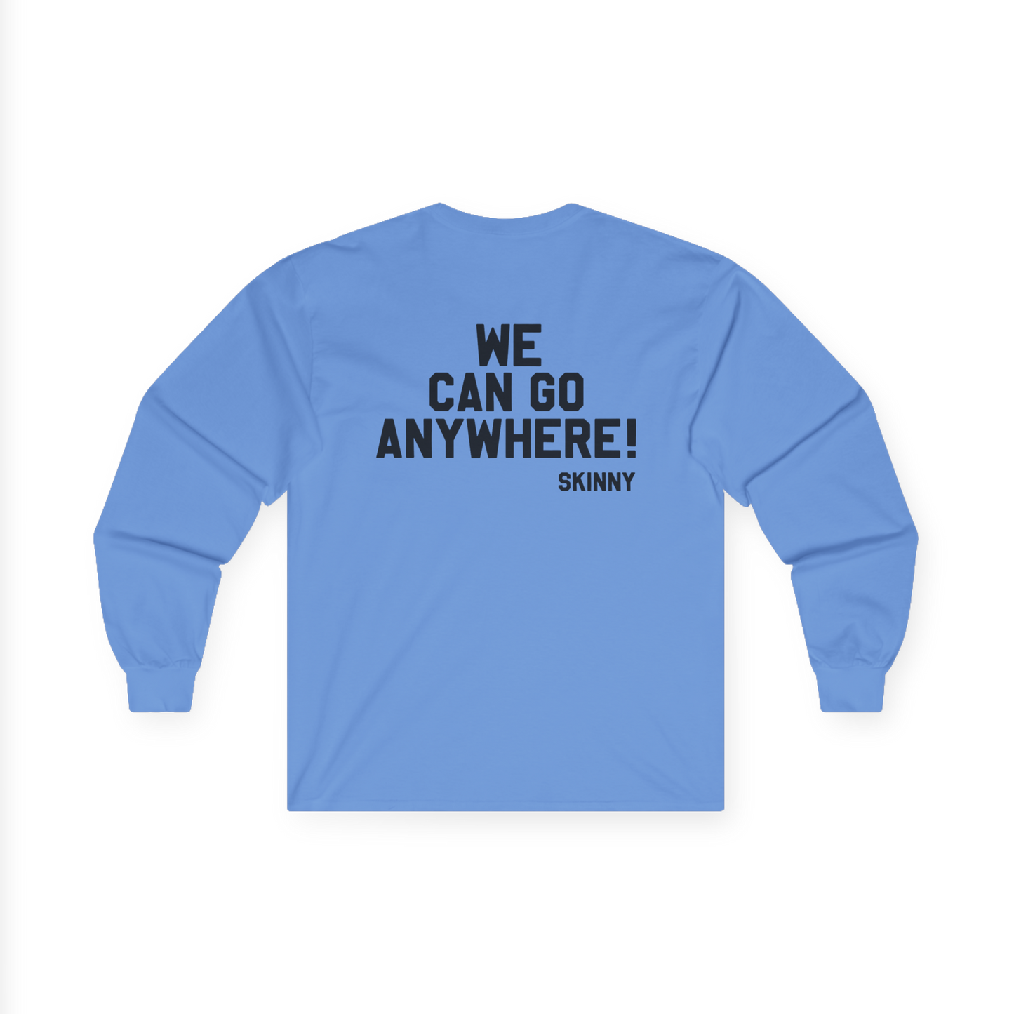 Blue long-sleeve shirt with text on the back against a white background