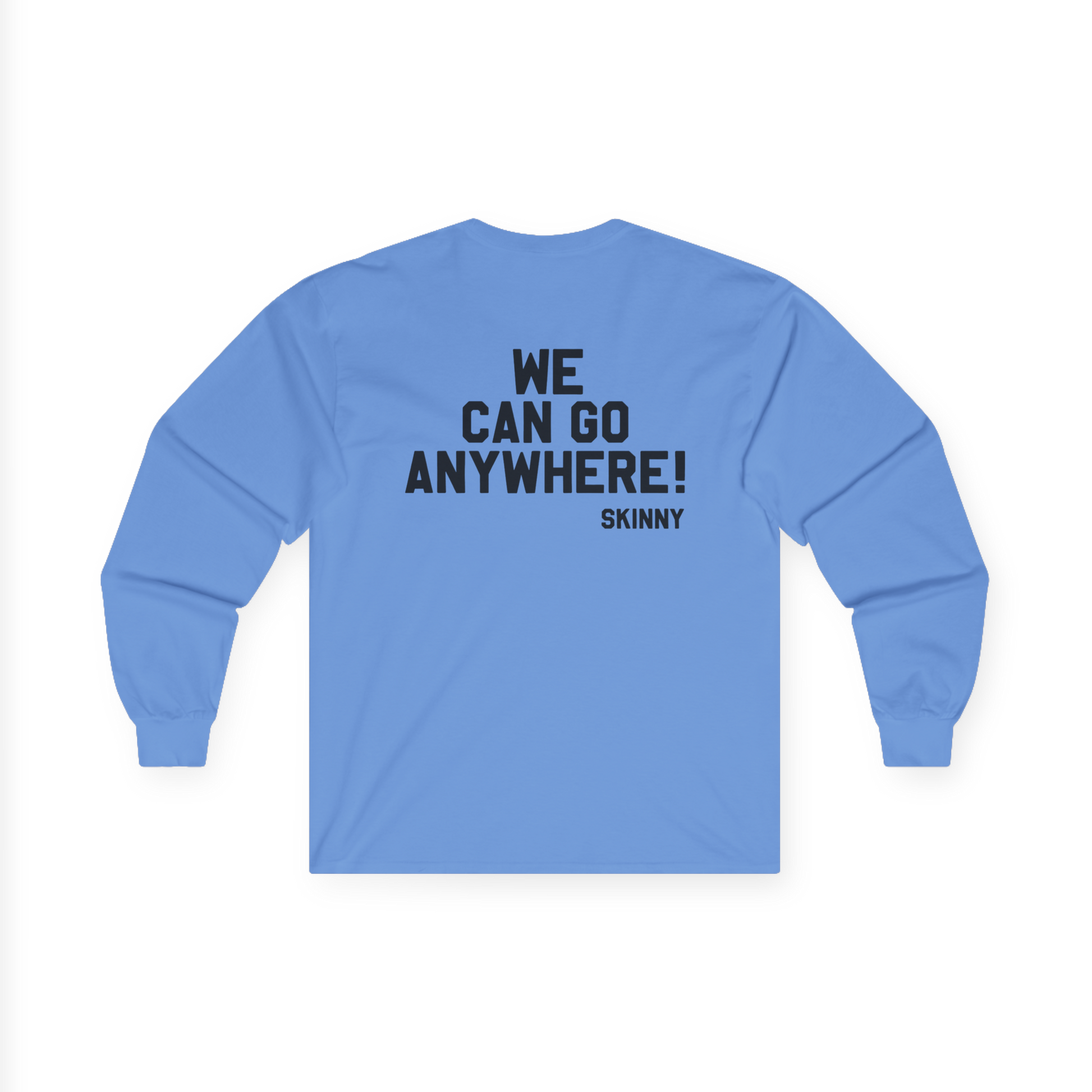 Blue long-sleeve shirt with text on the back against a white background