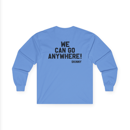 Blue long-sleeve shirt with text on the back against a white background