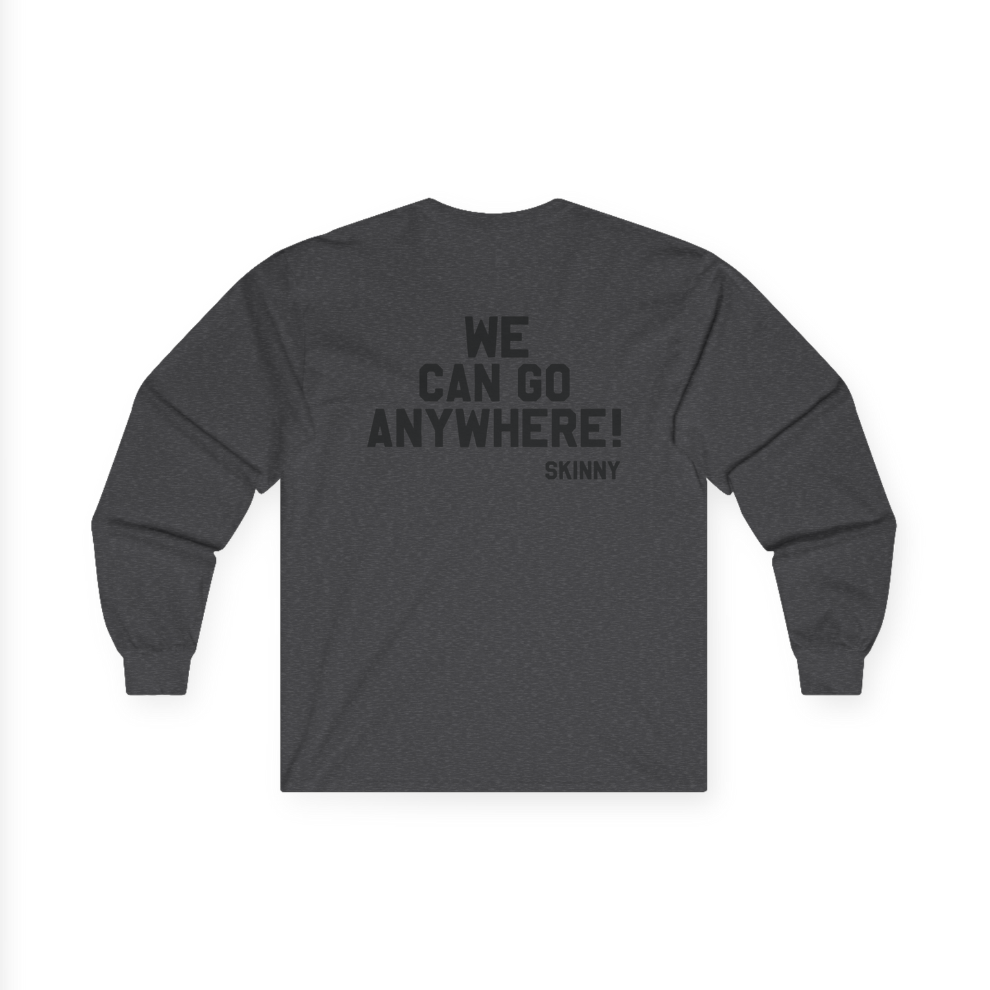 Gray long-sleeve shirt with text on the back on a white background