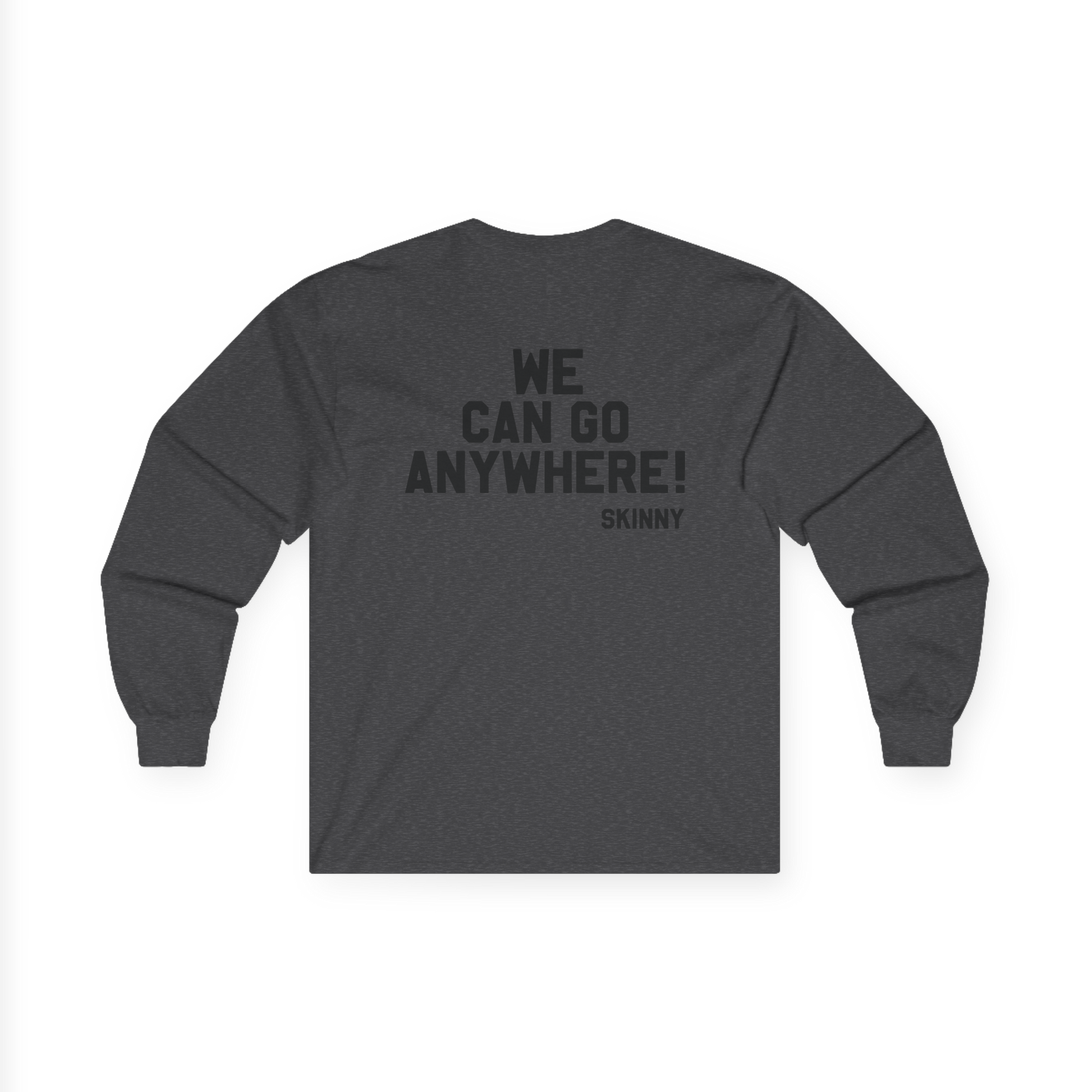 Gray long-sleeve shirt with text on the back on a white background