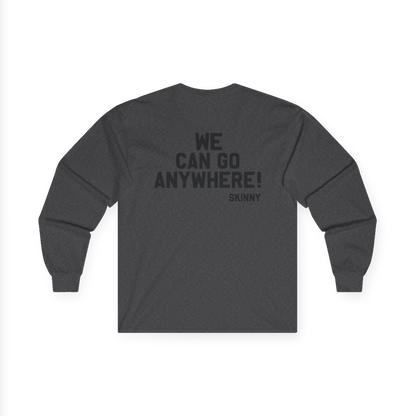 Gray long-sleeve shirt with text on the back on a white background