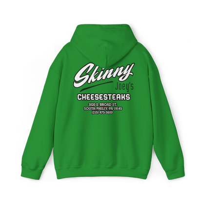 Green hoodie with 'Skinny Joey's Cheesesteaks' text on the back against a white background