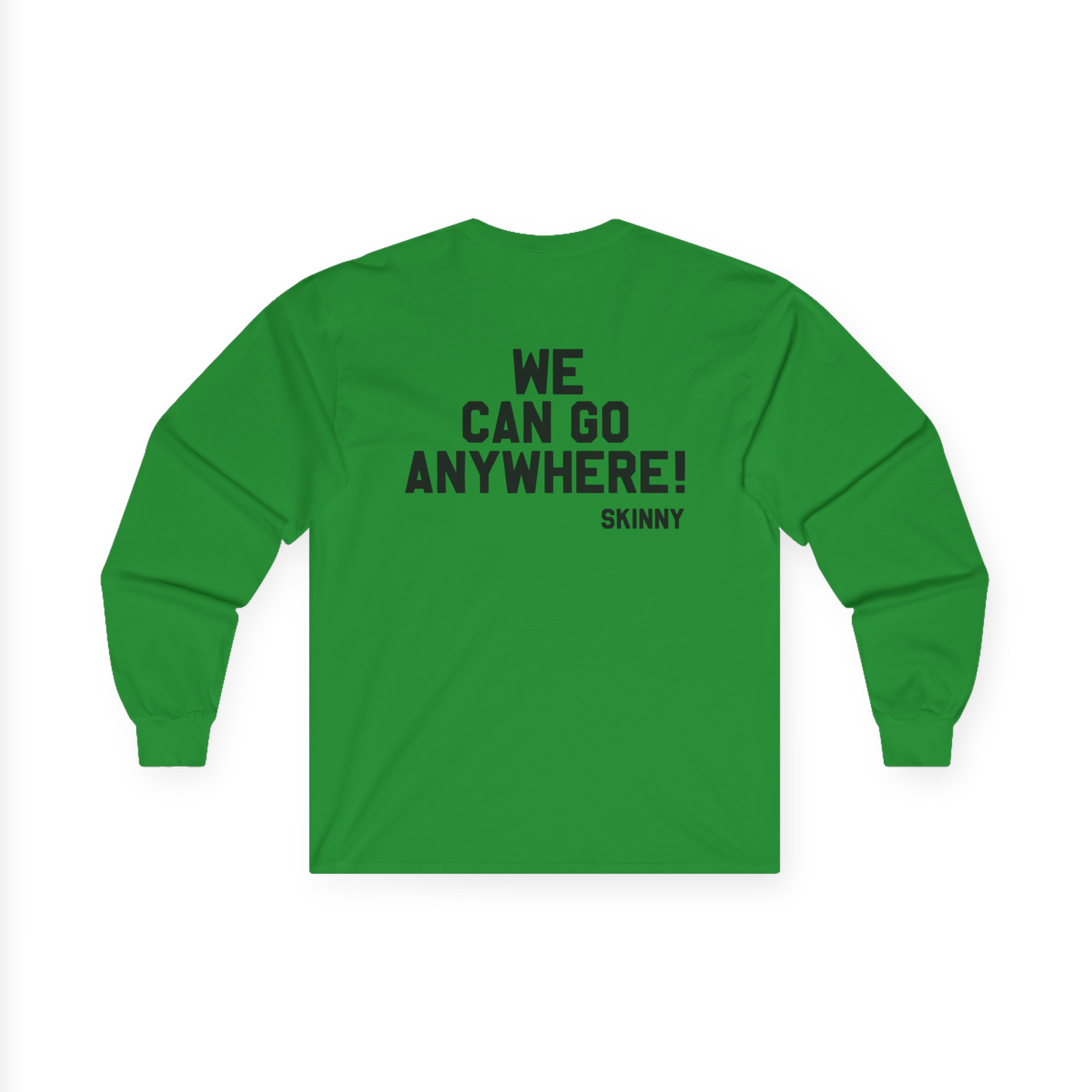 Green long-sleeve shirt with text on the back on a white background