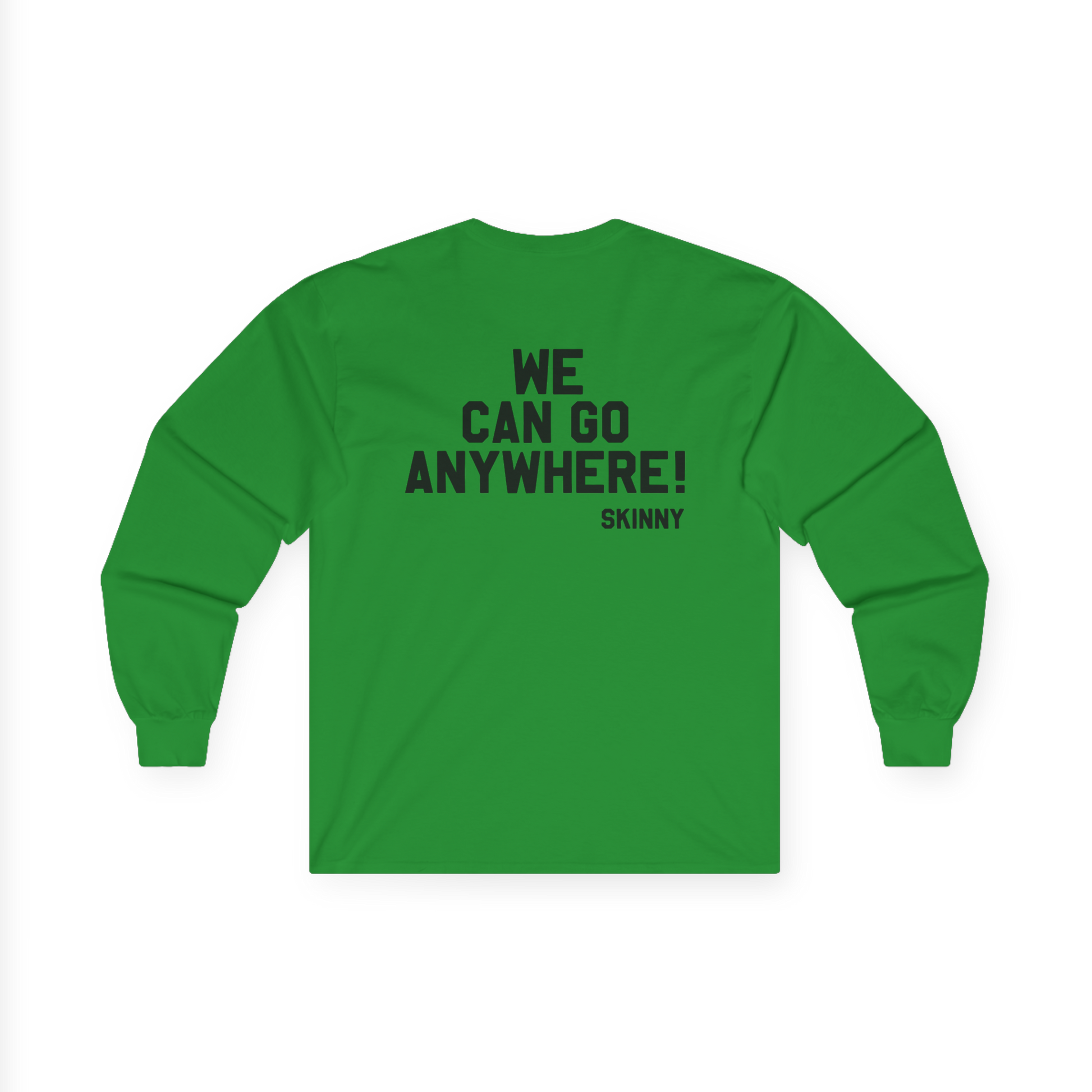 Green long-sleeve shirt with text on the back on a white background