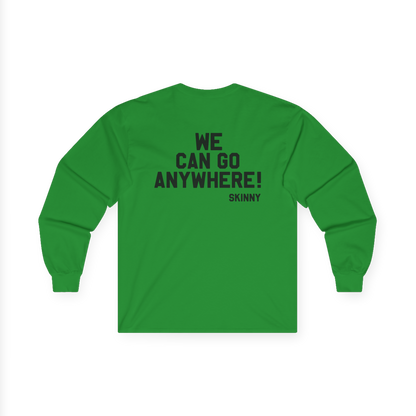 Green long-sleeve shirt with text on the back on a white background