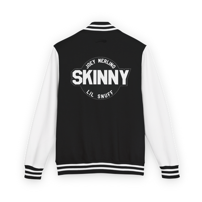 Black and white varsity jacket with 'Skinny' text on the back against a white background