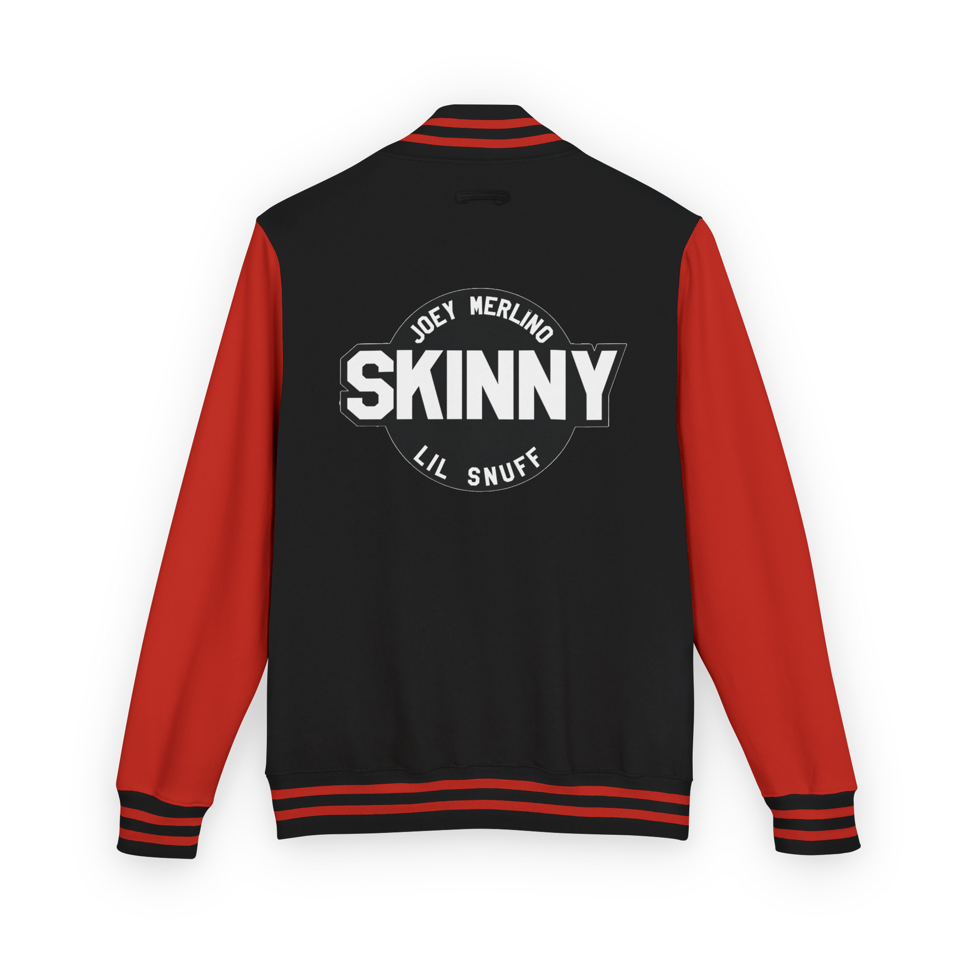 Black and red varsity jacket with 'Skinny' text on the back against a white background