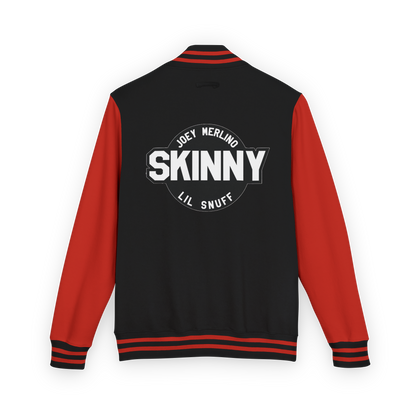 Black and red varsity jacket with 'Skinny' text on the back against a white background
