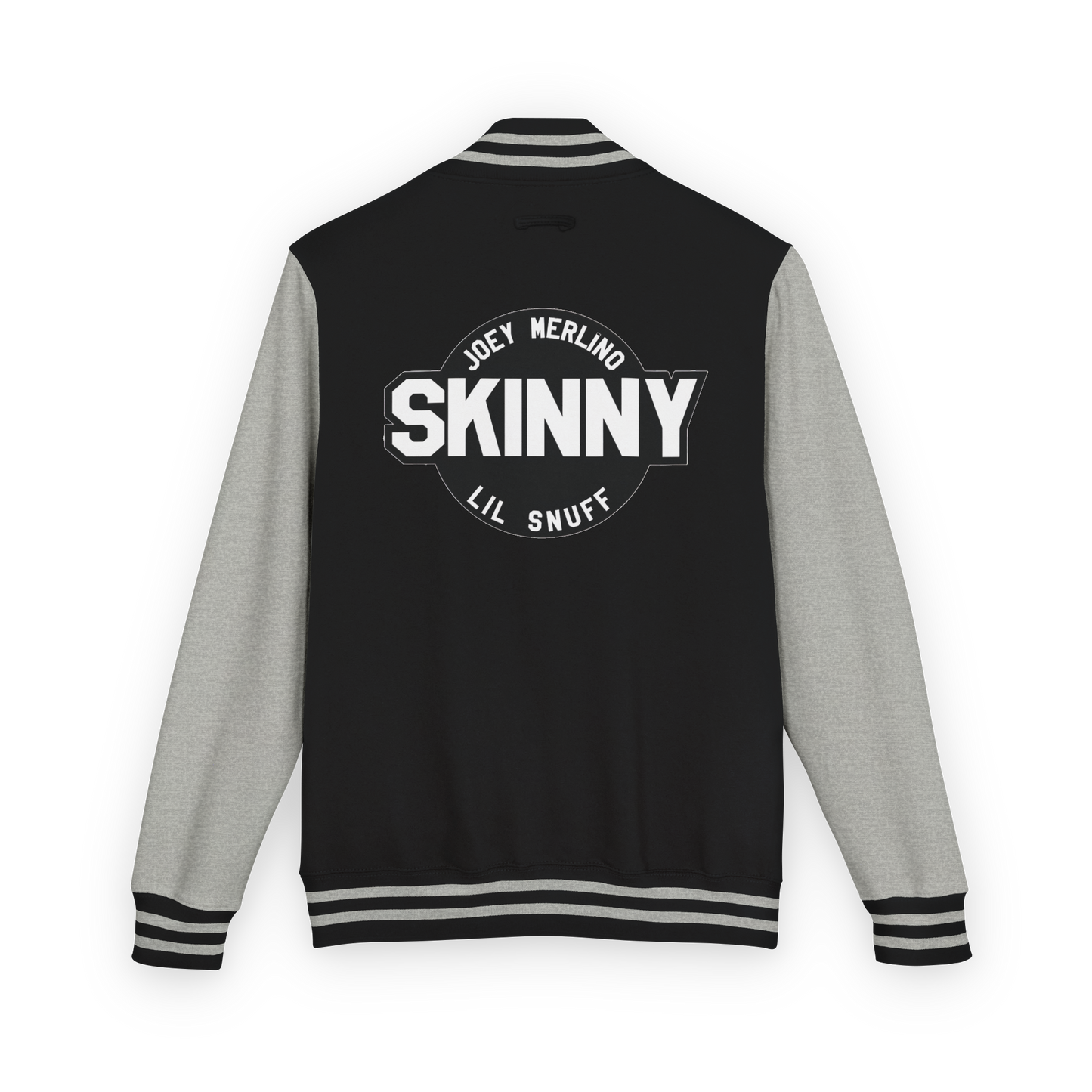 Black and gray varsity jacket with 'Skinny' text on the back against a white background