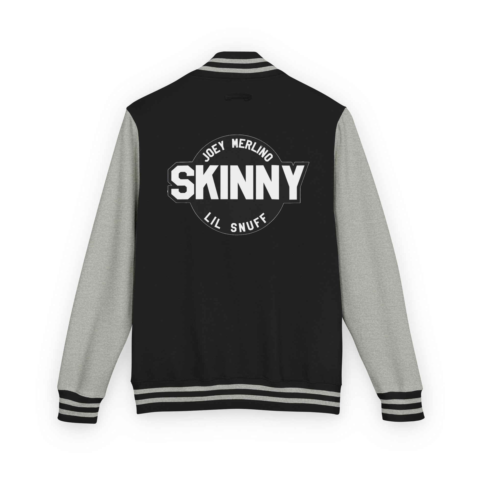 Black and gray varsity jacket with 'Skinny' text on the back against a white background