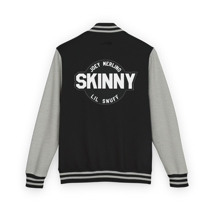 Black and gray varsity jacket with 'Skinny' text on the back against a white background