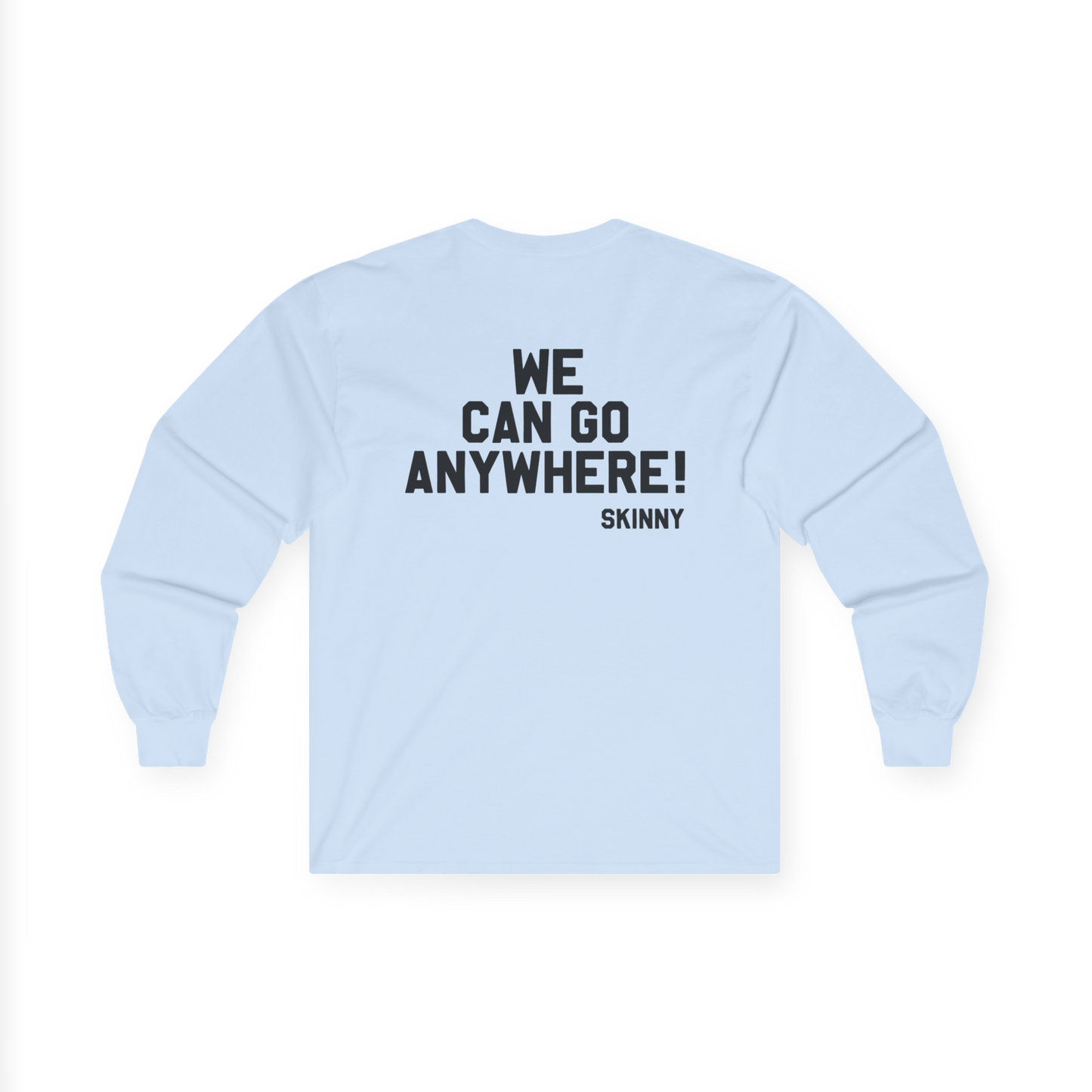 Light blue long-sleeve shirt with text on the back against a white background